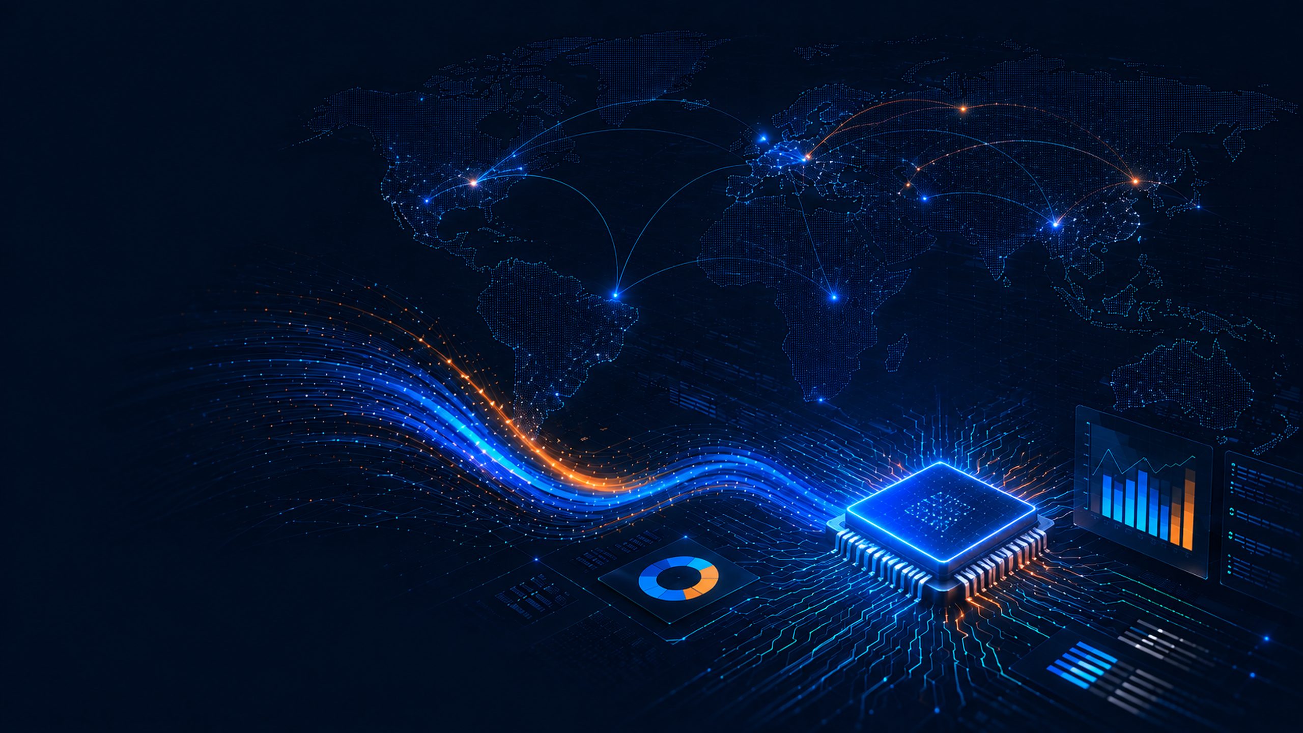 Rede global de dados e inteligência artificial conectando informações em tempo real